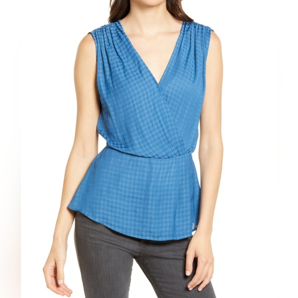 (354) CHELSEA 28 Houndstooth Satin Peplum Top, Size S